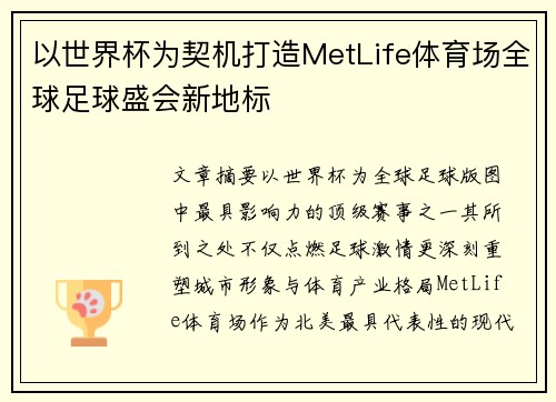 以世界杯为契机打造MetLife体育场全球足球盛会新地标